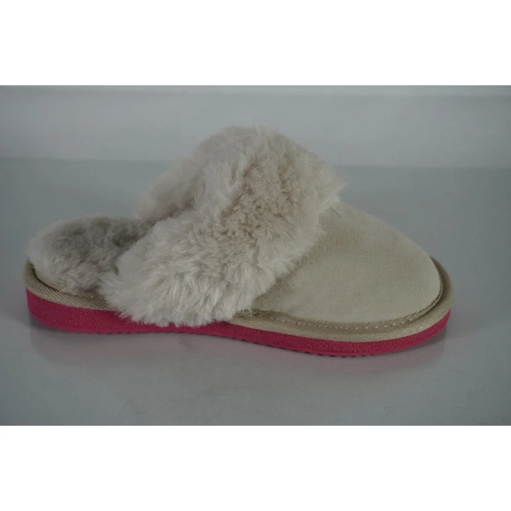 Girls LAMO Cozy Slippers Light Grey with Pink Soles Size Small 12C Warm Faux Fur